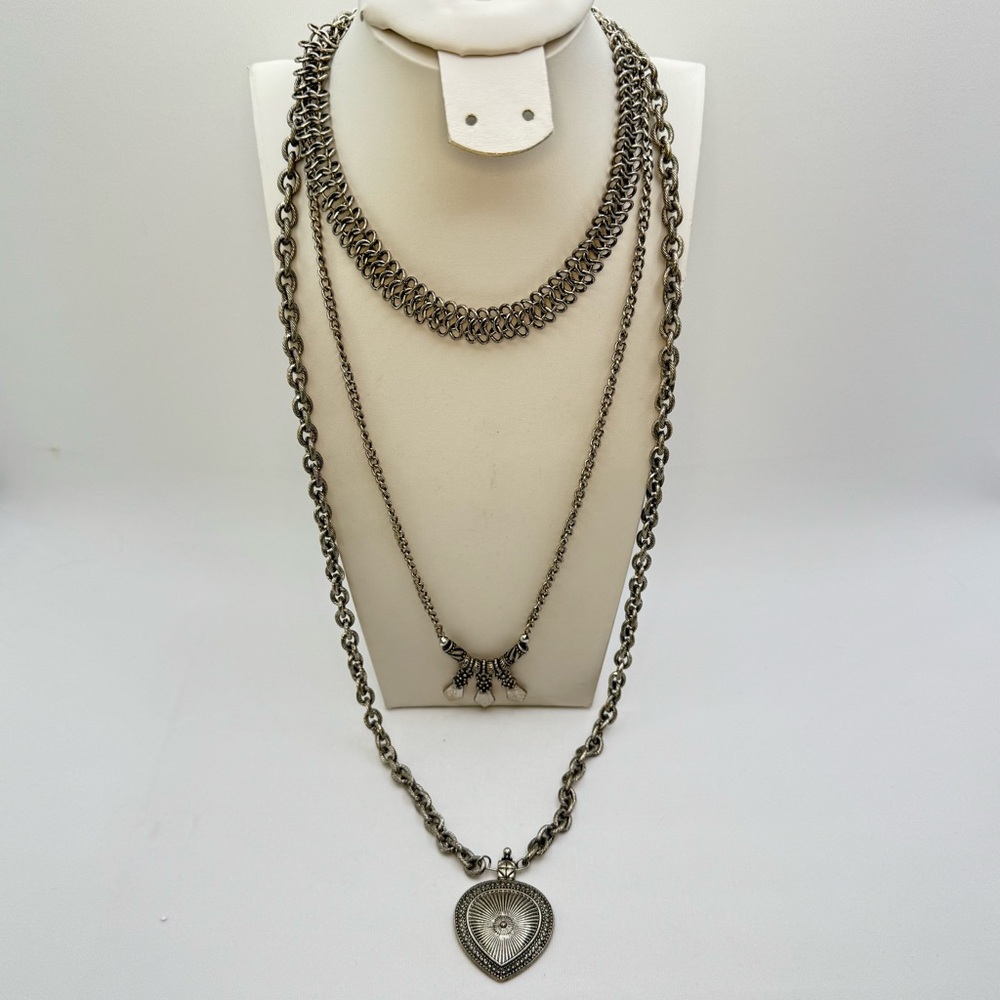 Silver Tone Layered Statement Necklace Tribal Pendant Boho Multi Chain